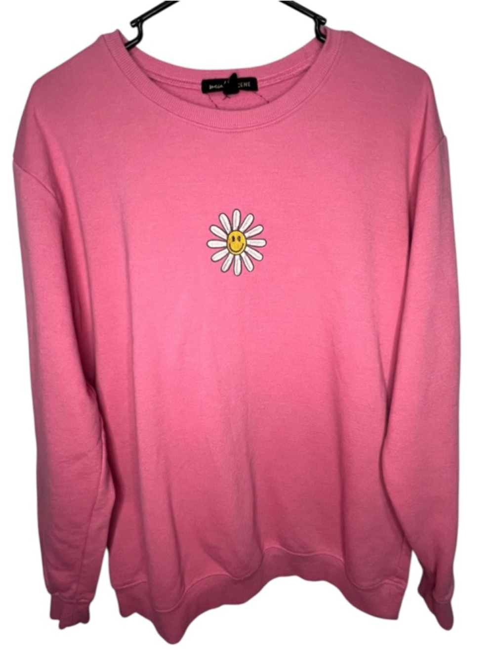 Social Scene Pink Smiley Daisy Graphic Pullover Crewneck Sweatshirt